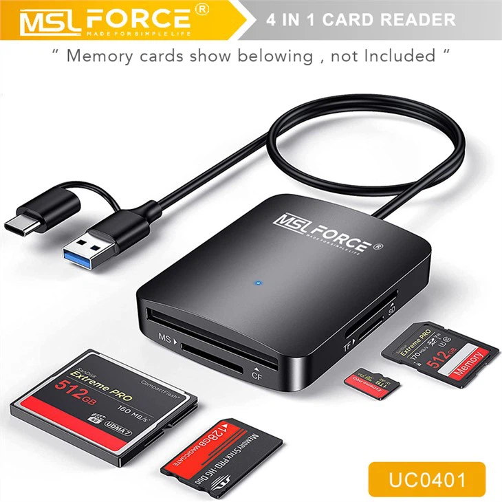 4 mewn 1 Darllenydd Cerdyn Amlswyddogaethol USB, SD, Micro SD, Cardiau CF A Ffyn Cof